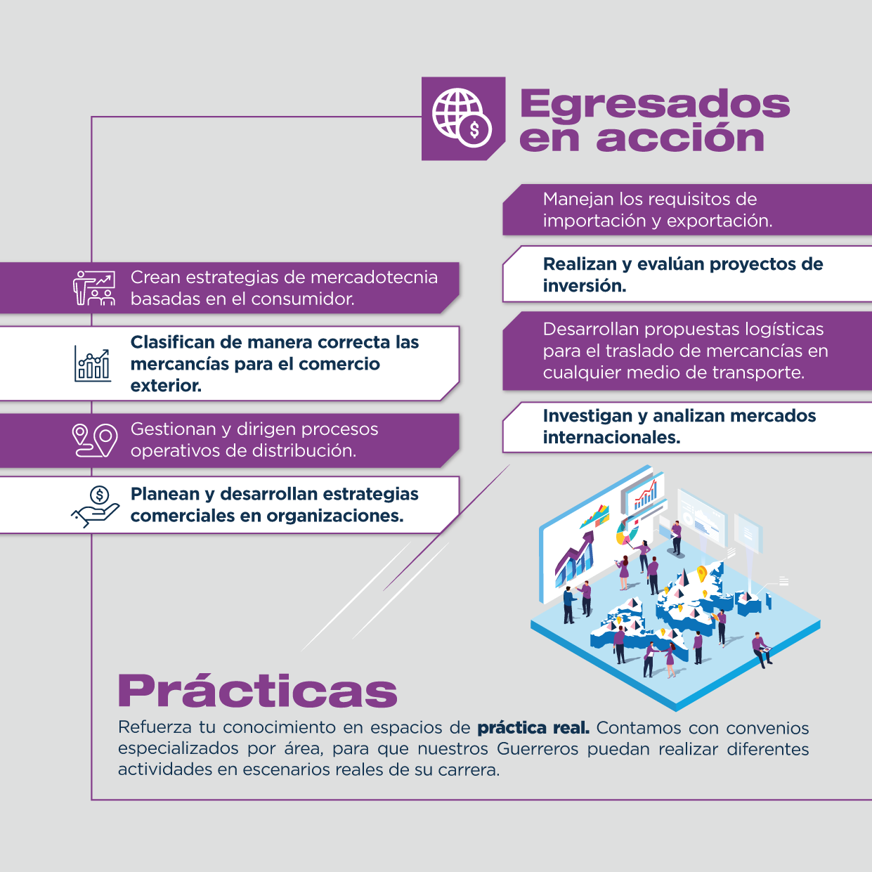 Como egresado de la licenciatura en Comercio y Logística Internacional tendrás a tu alcance un campo laboral muy amplio y con muchas oportunidades. 